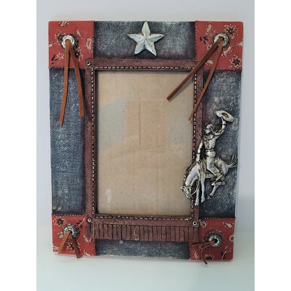 Western Cowboy Picture Frame Denim Bandana Bucking Bronco Star Rustic Decor